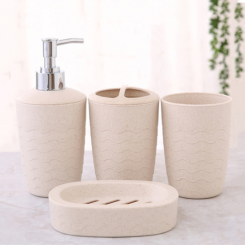 4Pcs/Set Bathroom Accessories Wheat Straw Eco-Friendly Soap Dish Dispenser Bottle Washroom Toothbrush Holder Cup Suit