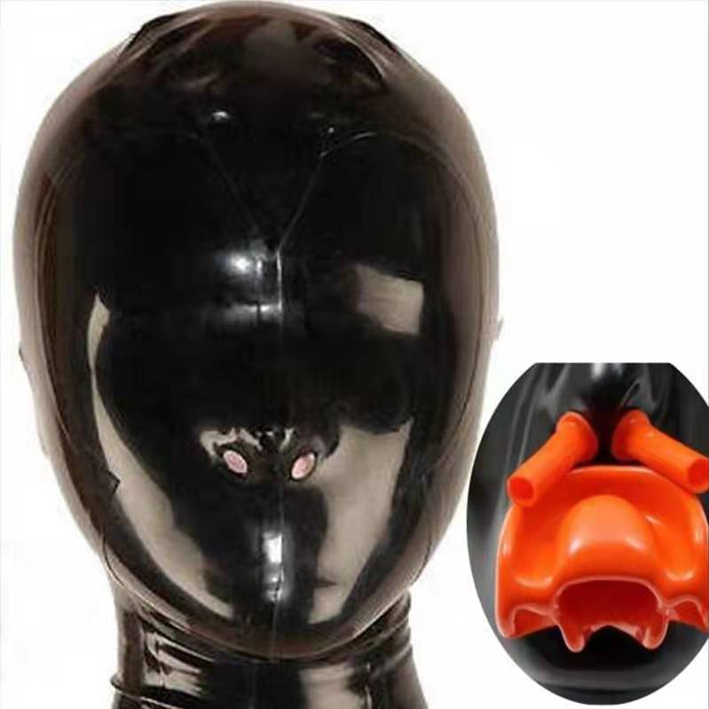 Máscara de capucha de fetiche de látex negro sexy hecha a mano con máscara de tubo de nariz larga de mordaza de dientes rojos