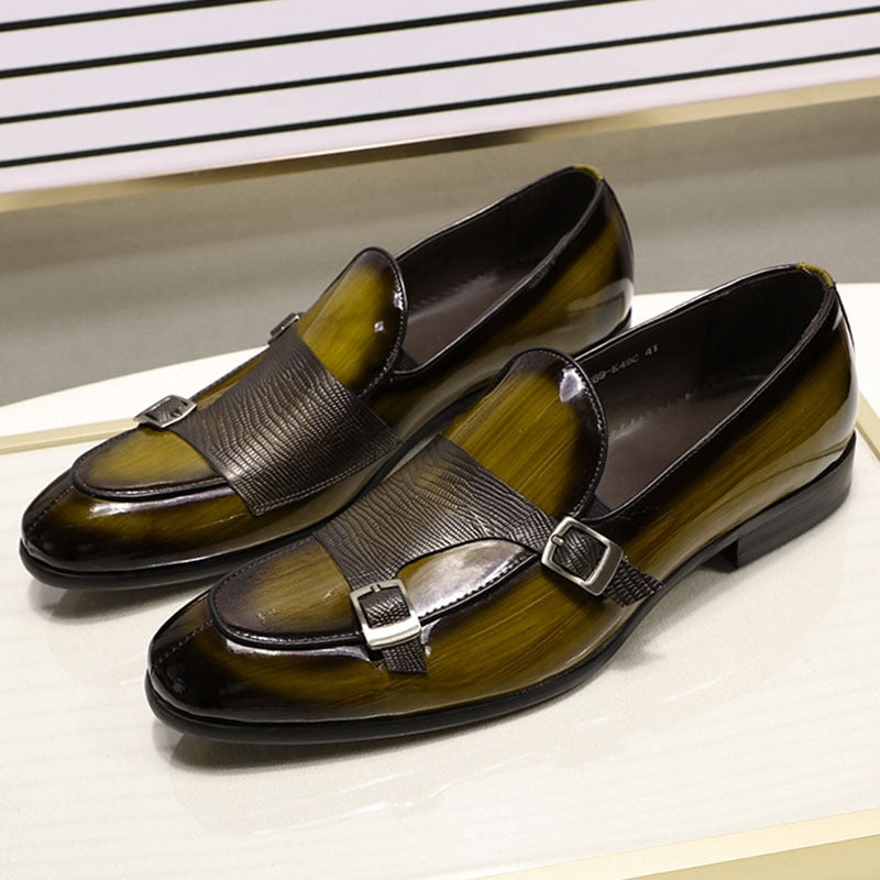 Mocasines de charol para hombre de la marca FELIX CHU, zapatos de vestir para fiesta de boda, zapatos negros y verdes con correa de monje, zapatos informales a la moda para hombre