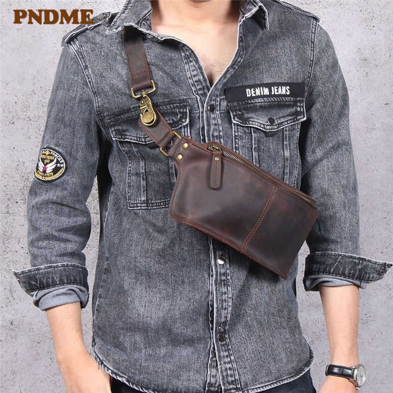 PNDME Retro-Multifunktions-Brusttasche aus echtem Leder für Männer, Crazy Horse, Rindsleder, Hüfttasche, Sport, kleine Umhängetaschen