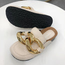 SUOJIALUN New Brand Design Goldkette Damen Slipper Closed Toe Slip On Mules Schuhe Round Toe Low Heels Casual Slides Flip Flop