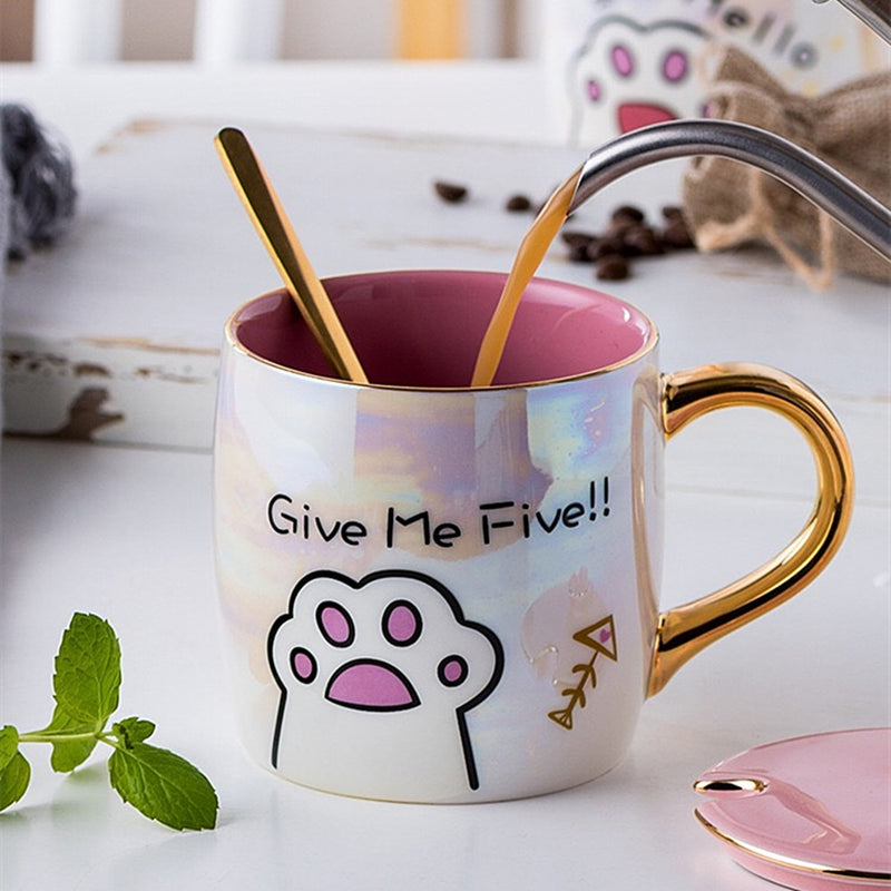 Cartoon Ceramics Cat Mug With Lid and Spoon Coffee Milk Mugs Cute Creative Breakfast Cup Valentine&