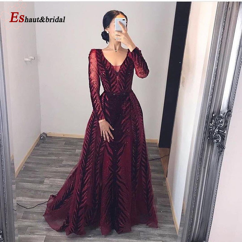 Elegant Mermaid Evening Night Dress for Women 2023 V-Neck Long Sleeves Velvet Crystal Plus Size Formal Wedding Prom Party Gowns