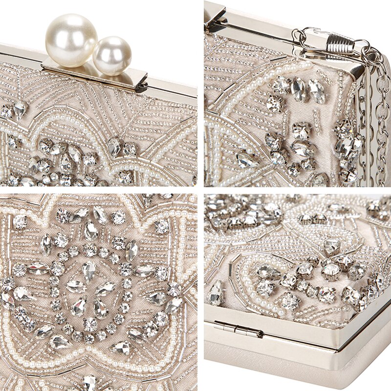 Apricot Silver Crystal Clutch Bags Handmade Beaded Pearl Wedding Clutch Purse Luxury Handbags Women Shoulder Bags ZD1361