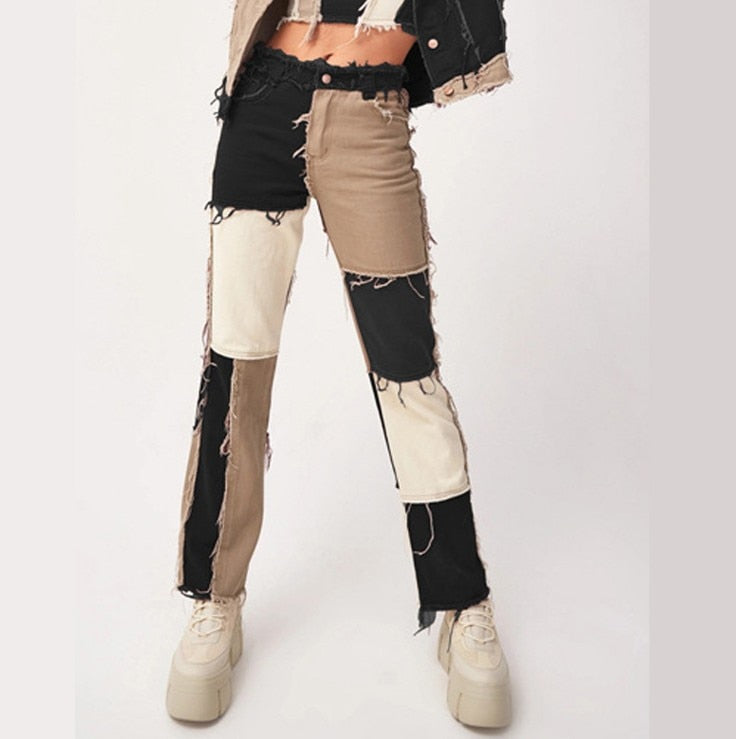 Autumn Brown Women Cowboy Striped Patchwork Jeans Street Casual Hip Hop High Waist Loose Straight Jeans Women&