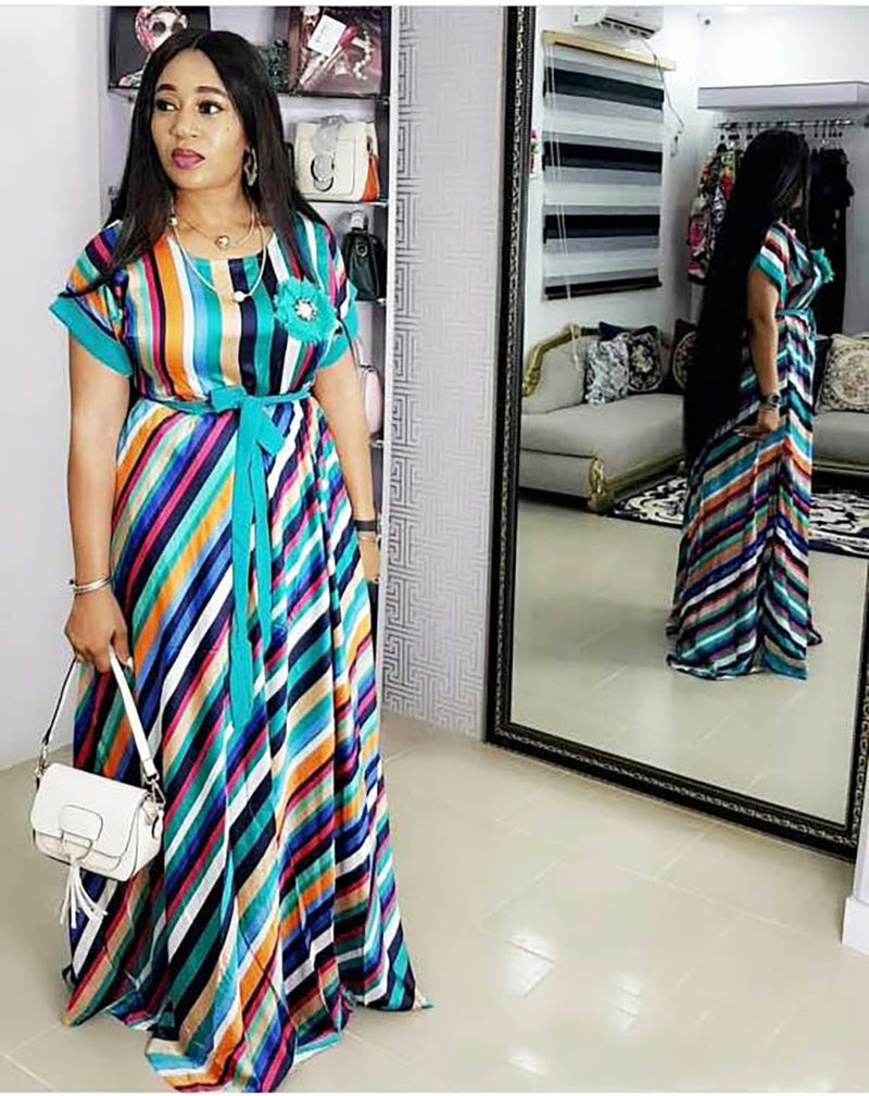 Super gran tamaño nuevo estilo clásico africano mujer Dashiki moda estiramiento estampado raya vestido largo L XL 826