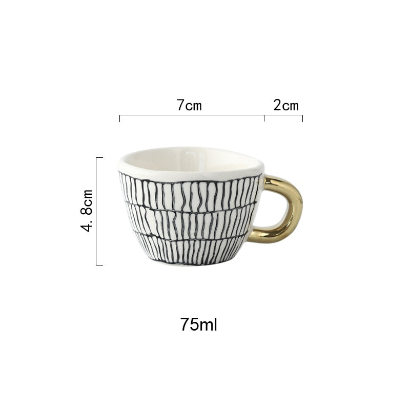 Handbemalte geometrische Keramikbecher mit goldenem Griff, handgefertigte unregelmäßige Tassen für Kaffee, Tee, Milch, Haferflocken, kreative Geburtstagsgeschenke