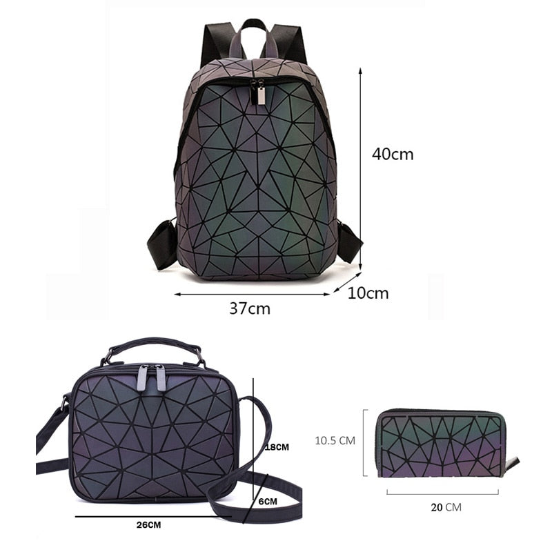 Set Rucksäcke Frauen Geometrische Leuchtende Rucksack Schulgeldbörse Holographische Nachtleuchtende Reise Bagpack Studentin Rucksack 2021