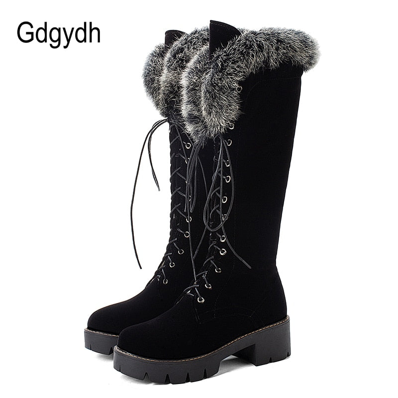 Gdgydh, zapatos de invierno con cordones, botas de nieve para mujer, botas de piel auténtica para mujer, tacón grueso de ante hasta la rodilla, cálido para exteriores con cremallera, talla grande 43