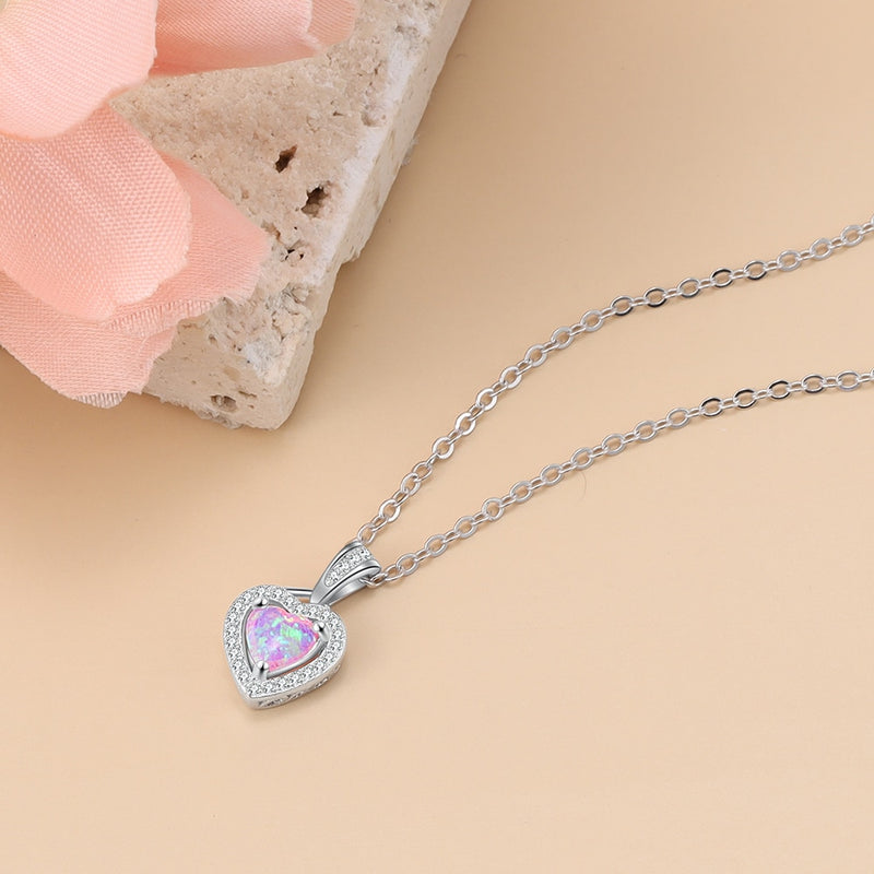 Silber Farbe Halsketten Herzform Weiß Rosa Blau Opal Halsketten &amp; Anhänger mit Zirkonia Modeschmuck Geschenk für Frauen