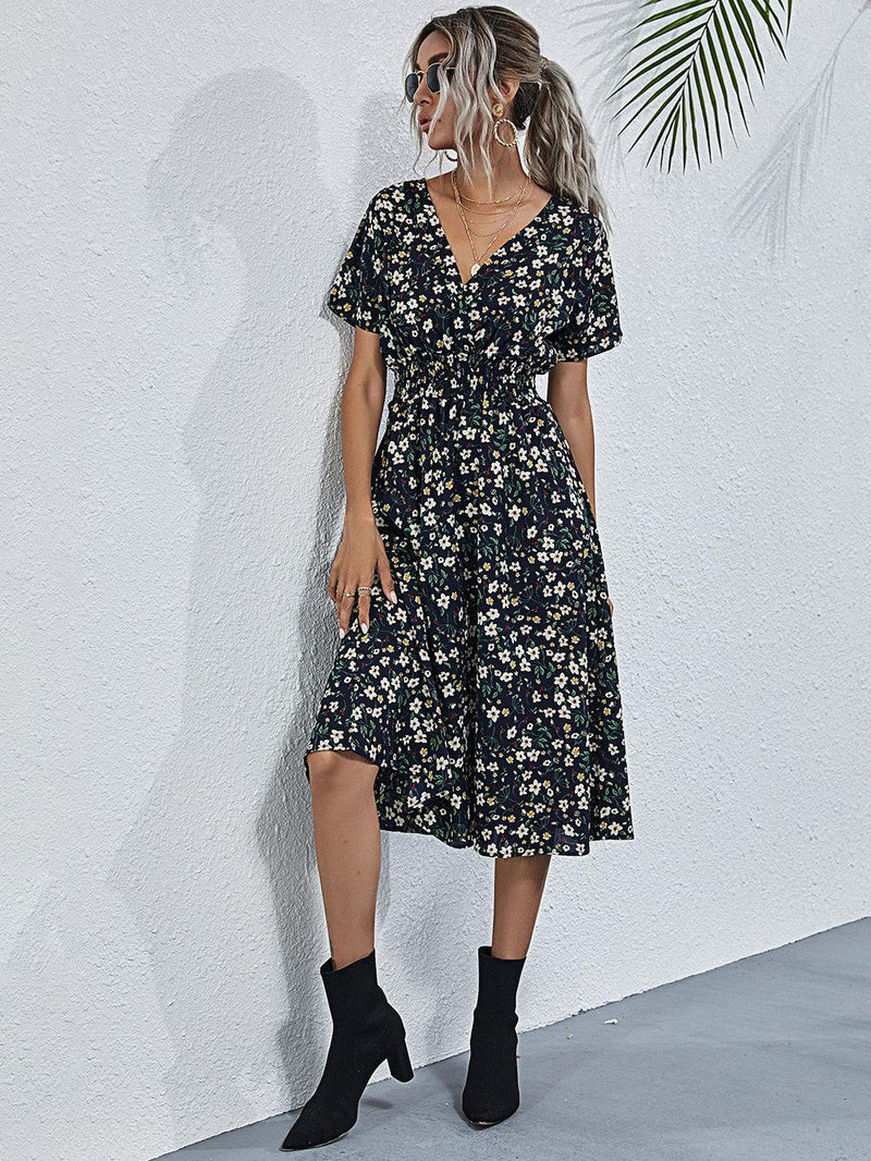 White Floral Printing Summer Chiffon Beach Dress 2022 Casual V-neck Short Sleeve A-line Women Midi Dresses Vestidos