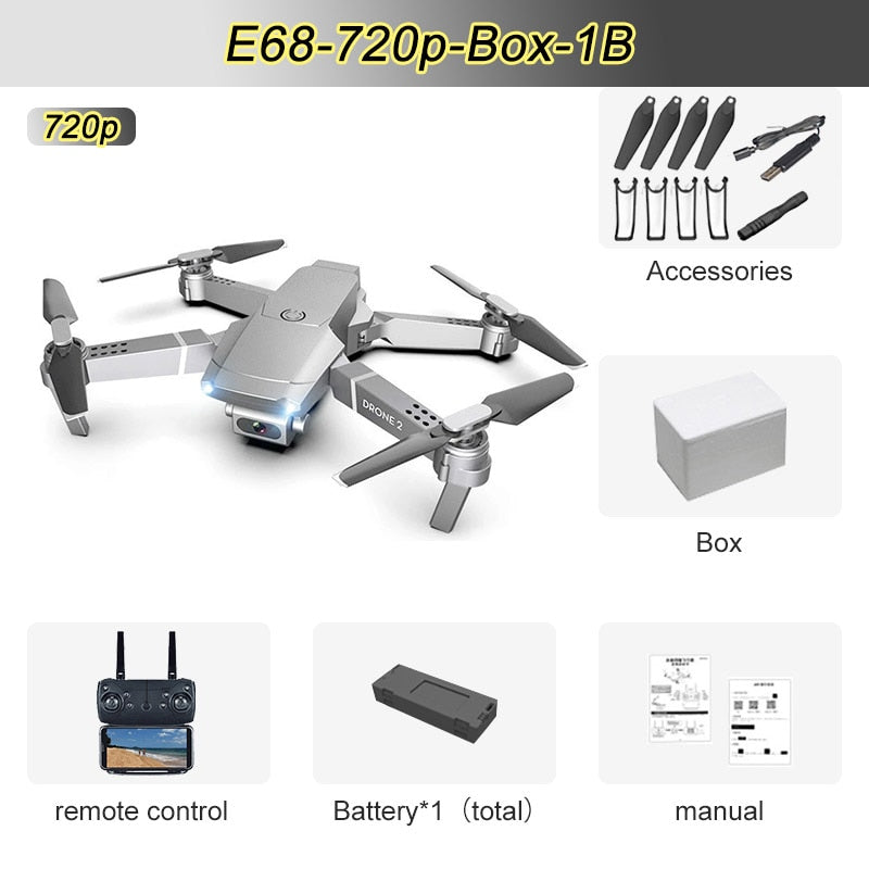 JINHENG E68 Mini RC Drone 4K 1080P HD Cámara Wifi FPV Presión de aire Modo de retención de altitud Cuadricóptero plegable Juguete Regalo para niños