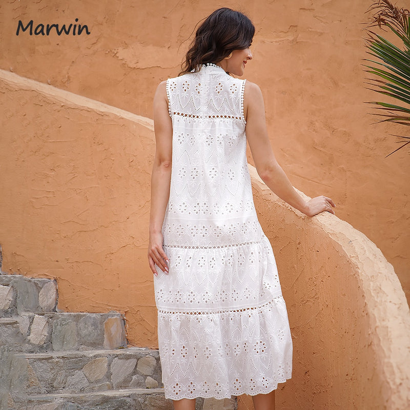 Marwin Long Simple Casual Solid Hollow Out Pure Cotton Holiday Style High Waist Fashion Mid-Calf Summer Dresses NEW Vestidos