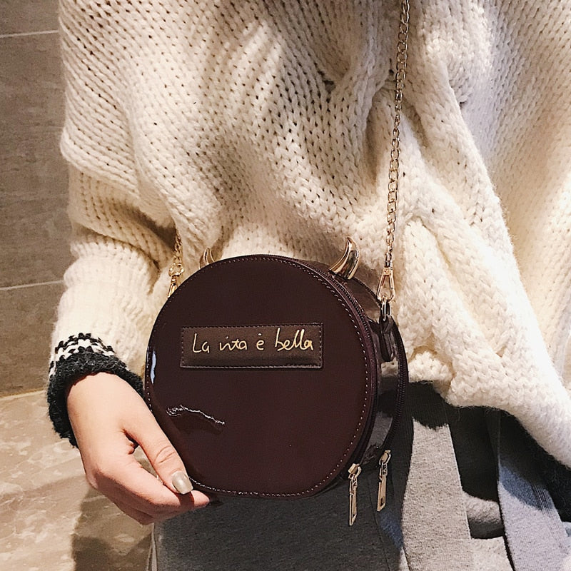 Dazzling Round Devil Crossbody Bag for Women Fashion Patent Leather Shoulder Chain Bag Female Purses and Handbags Clutch Bag