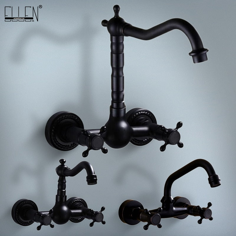 Wall Mounted Kitchen Faucets Black Wall Sink Faucet 2 Handle Hot Cold Water Mixer Tap ELM204