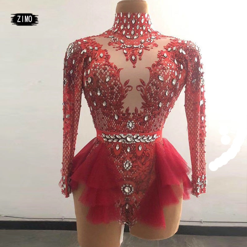 fashion Rhinestone pink red Ruffle Bodysuit Women Big Stretch nightclub Prom Bar concert costume Stage Singer Show dance Leotard