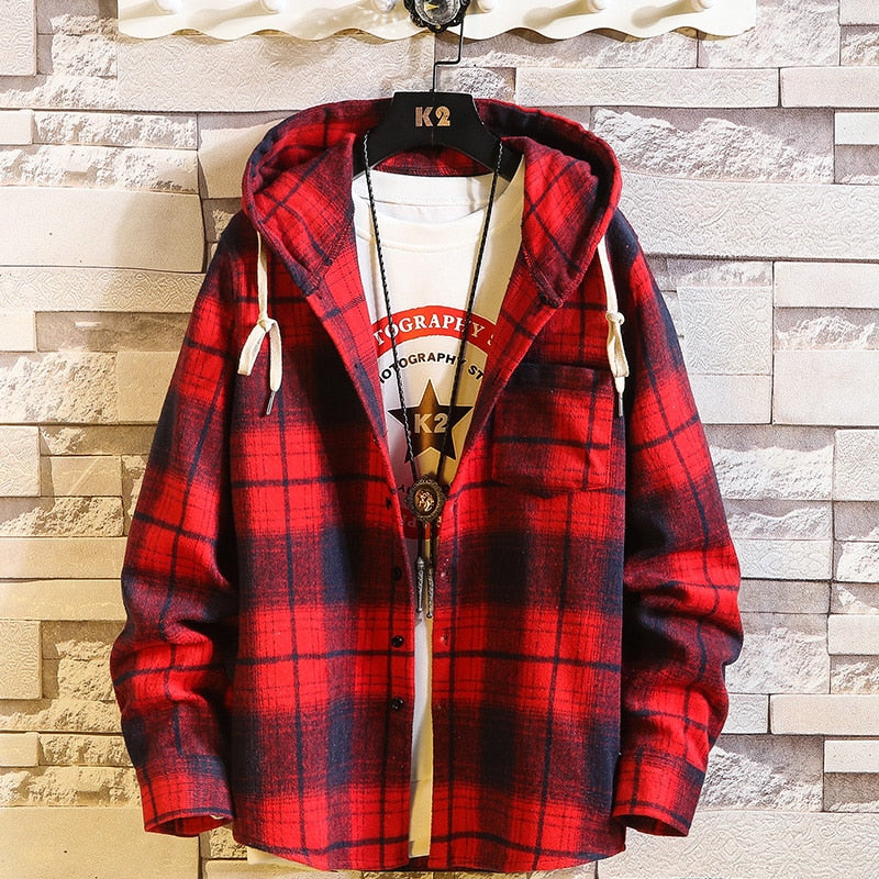 Casual Brand With Hooded Plaid Shirt Men'S Fleece Red Shirts Long Sleeves 2022 New Spring Autumn Plus OverSize M-6XL