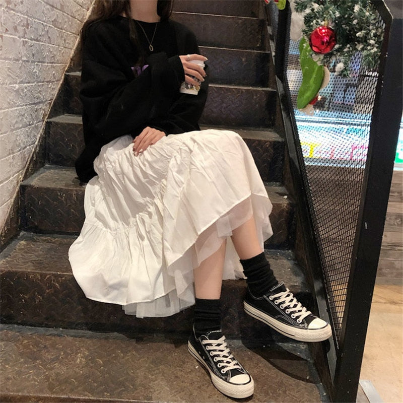 Long Tulle Midi Skirts Womens 2022 Autumn Elastic High Waist Mesh Tutu Pleated Skirts Female Black White Long Skirt Streetwear