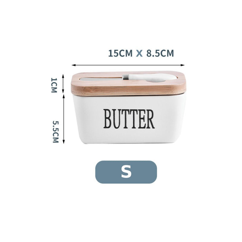 Nordic Style Butter Box Sealing with Wood Lid Knife FoodDish Ceramic Keeper Tool Cheese Storage Tray Plate Container for Kitchen