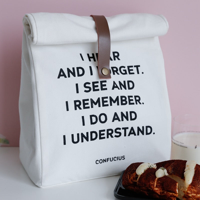 Cotton Lunch Box Bag Simple Letters Insulation Picnic Pack Fresh Cloth Bag Food Container V-coool Students Travel Container
