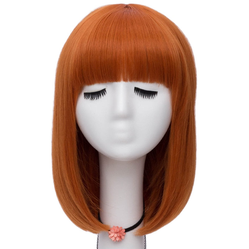 Women Orange Short Cosplay Wig with Bangs BOb Hairstyle  Heat Resistant Fiber Synthetic Straight Hair