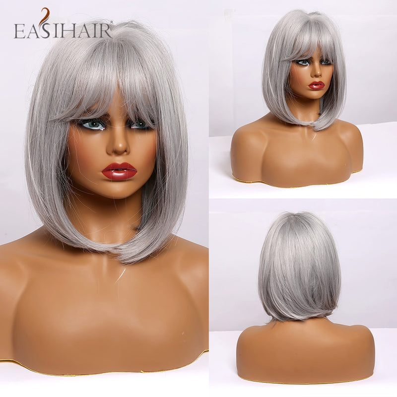 EASIHAIR Dark Brown Short BoBo Wigs with Bangs Heat Resistant Synthetic Hair Wigs Cosplay Lolita Female Wigs for Women