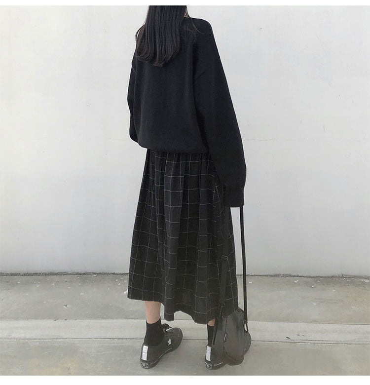 2 colors japanese style high elastic waist Long Skirts Woman 2019 autumn winter plaid A-line pleated Skirts womens (X1078)