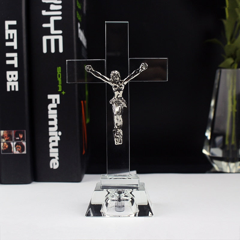 Christian Gifts Nightlight Crystal Jesus Cross Statue Religious Style Crystal Cross Church Decoration Home Decor Craft Ornament