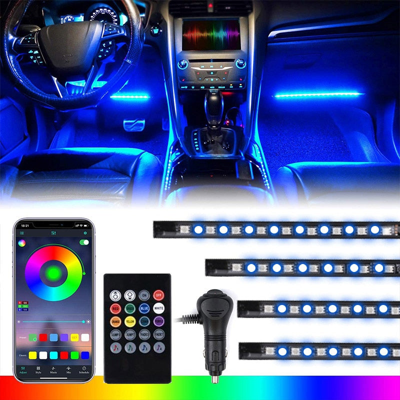 LED-Auto-Innenraum-Hintergrundbeleuchtung mit USB-Zigarettenanzünder Umgebungsatmosphäre Stimmungslicht RGB-Fernbedienungs-App Auto-Fuß-Dekorationslampe