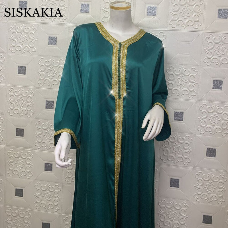 Siskakia Dubai Arabisches Kleid für Frauen Herbst 2020 Weiches Satinband V-Ausschnitt Langarm Muslimische Mode Türkei Roben Neu