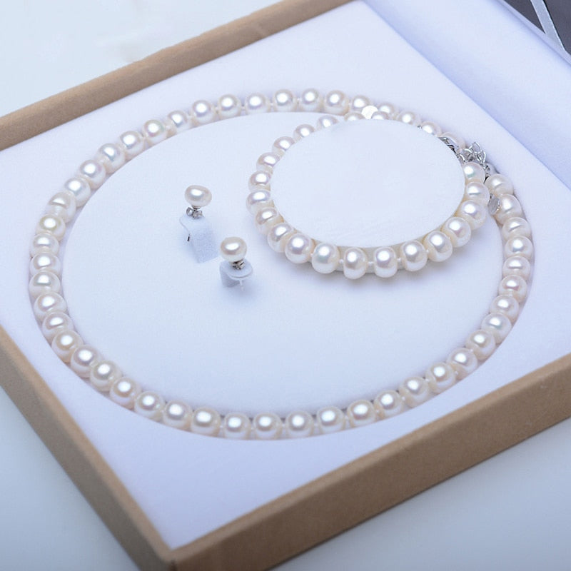 Pearl Jewelry Sets Genuine Natural Freshwater Pearl Necklace Bracelet 925 Sterling Silver Earrings For Women Gift 2021 Trend