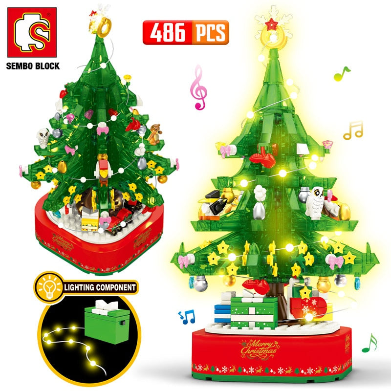 Tema de Navidad LED giratorio brillante caja de música bloques de construcción DIY ciudad amigos árbol casa ladrillos juguetes para niños regalos de navidad