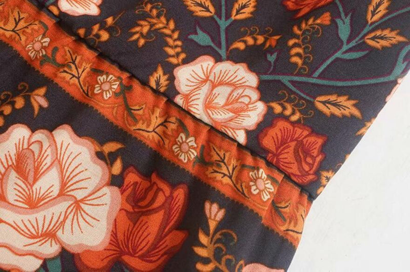 2019 Bohemian Stream Flower Print Falda larga Costura Ruched Ruffle Hem Vacaciones Mujeres Cordones Stream Cintura Swing Faldas Playa
