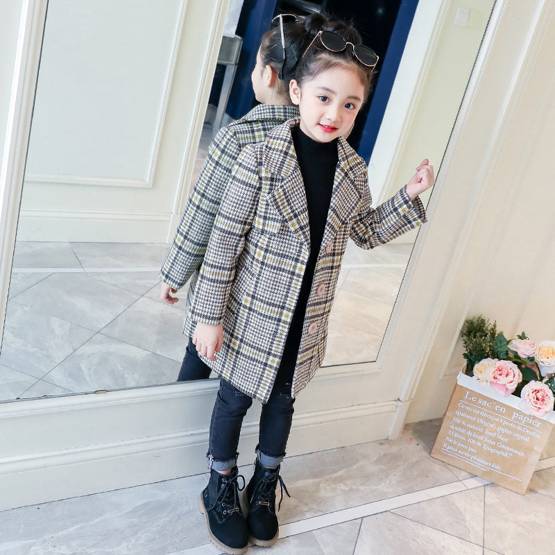 Kids Girl Overcoat Winter New Fashion Houndstooth Wool Coat for Girl Teens Autumn Jacket Long Thick Outerwear Children Windproof