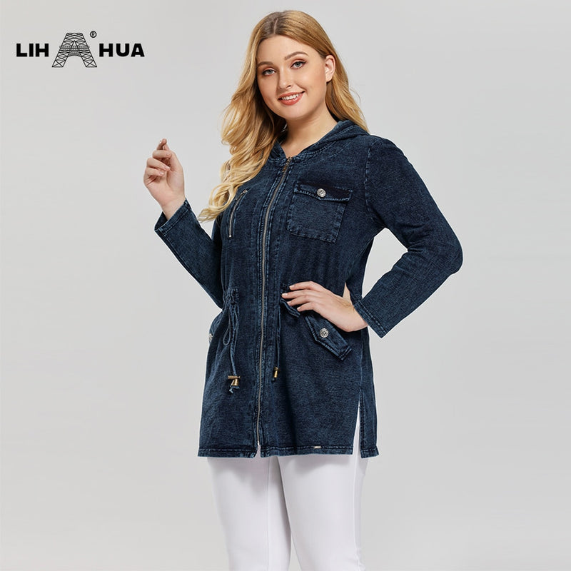 LIH HUA Damen-Jeansjacke in Übergröße, lässiger langer Stil für Damen, Premium-Stretch-Baumwolle, gestrickte Denim-Chaquetas