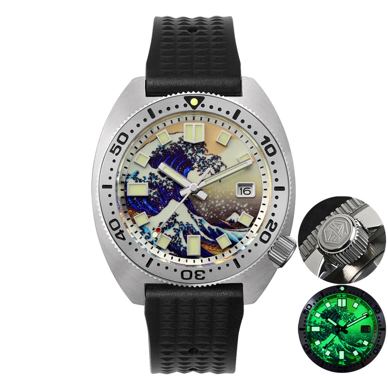 San Martin Diver 6105 Wave 3D Printing Full Luminous Kanagawa Surfing Dial NH35 Automatic Mechanical Men Watch Sapphire Date