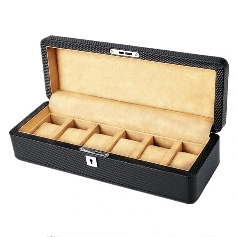 3/6/12 Slots Leather Watch Box Black Watch Storage Box Organizer With Lock Luxury Carbon Watch Box For Men Gift Boxes