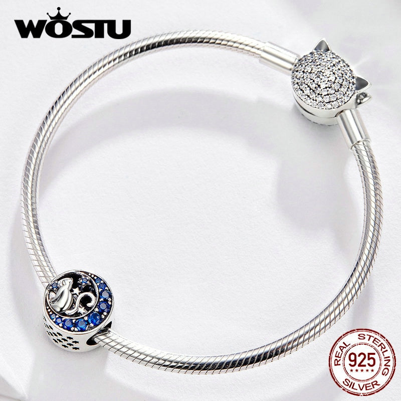 WOSTU Cute Cat Charms 925 Sterling Silver Animal Pussy Zirconia Beads Fit Original pulsera colgante DIY collar joyería