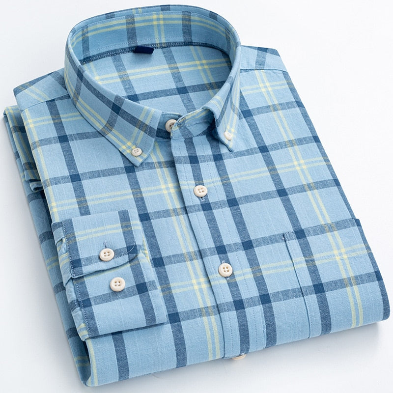 Camisa de ajuste regular para hombres Línea de algodón Manga larga Vestido de negocios suelto Camisa con botones de color puro Hombres Azul Blanco Tops Camisa Hombre L