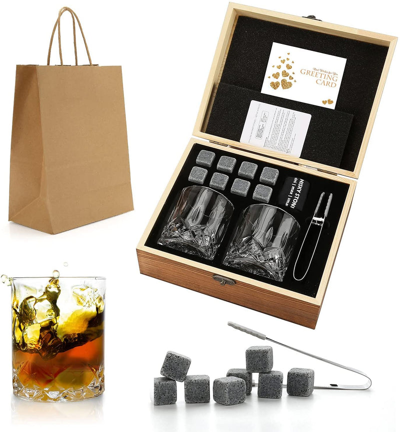 Juego de vasos y piedras para whisky, cubo de hielo de granito para whisky, rocas para enfriar whisky en caja de madera, el mejor regalo para papá, marido y hombre