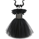 Schwarze Feder-Halloween-Kostüme für Mädchen, Kinder, böse Königin, langes Tutu-Kleid mit Hörnern, Flügeln, Bösewicht, Hexe, Cosplay-Outfit-Set