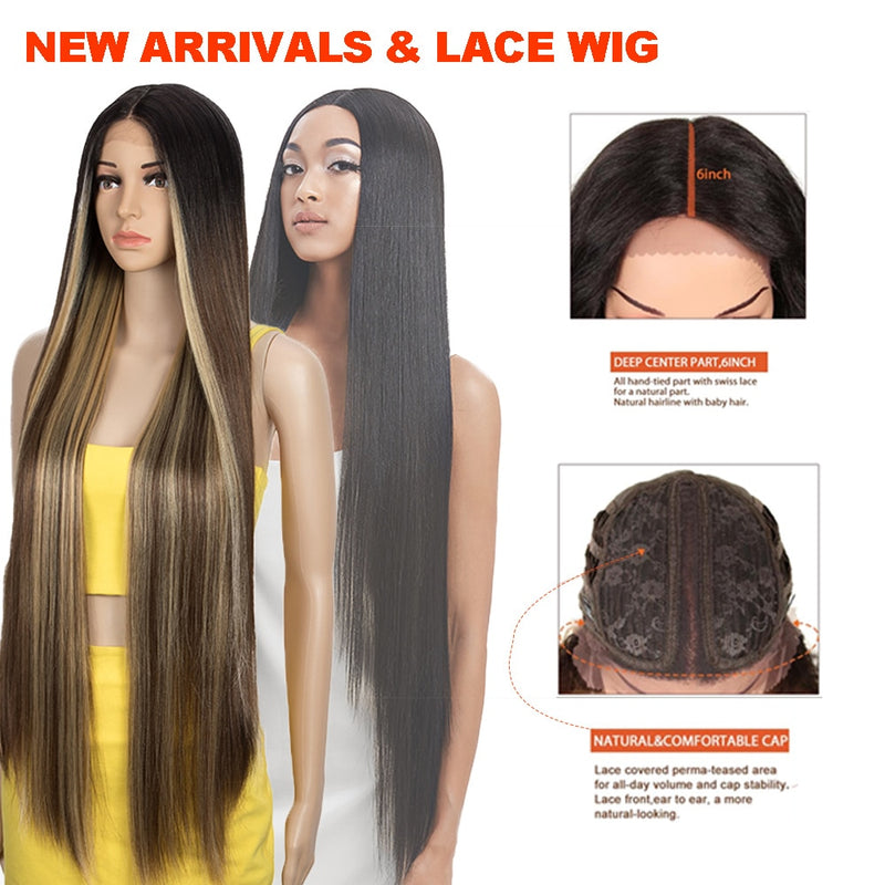 Noble Synthetic Lace Front Wigs For Women 38 Inch Straight Wig Lace Wig Ombre Blonde Lace Wigs Cosplay Straight Lace Front Wig