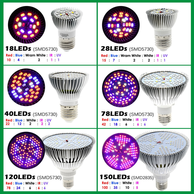 Luz LED de cultivo 150Leds 200Leds Full Spectrum Sunlike E27 Bombilla LED de crecimiento para hidroponía de interior Flores Plantas Lámpara de crecimiento LED