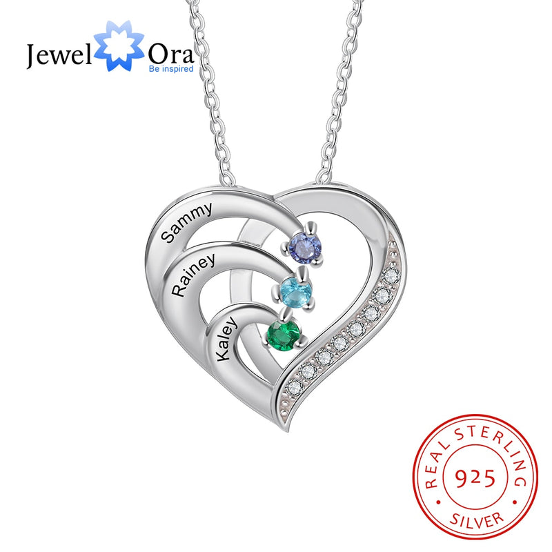 Collares de plata de ley 925 de JewelOra con nombre de familia personalizado, collares de corazón para mujer, collar de madre con grabado de piedra de nacimiento personalizado