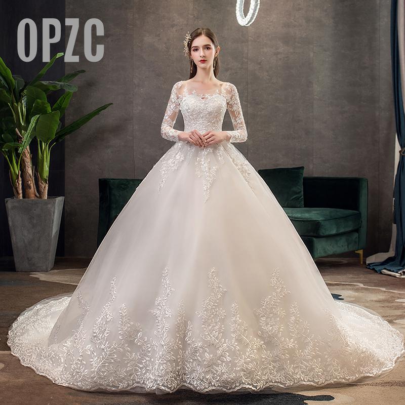 Nuevo romántico dulce elegante lujo largo encaje princesa vestido De novia con mangas apliques celebridad vestido De novia Vestidos De novia