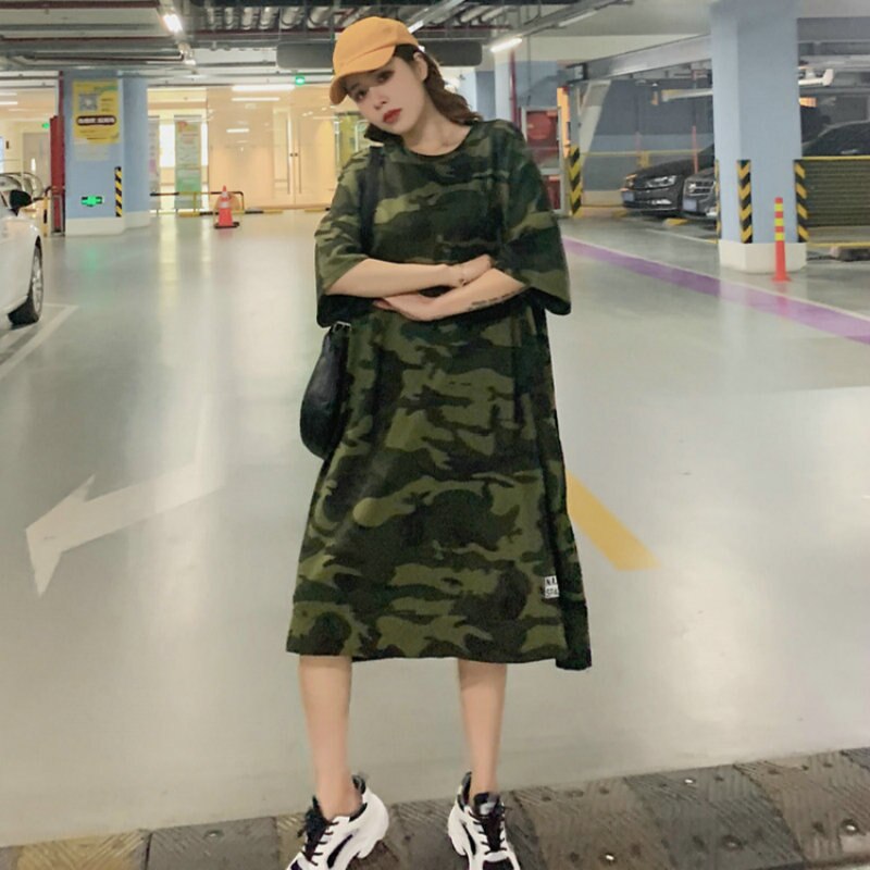 Camouflage Loose Dress Women Long T Shirt Summer Dresses 2022 for 100kg Girls Korean Half Sleeve Irregular Cotton Tees