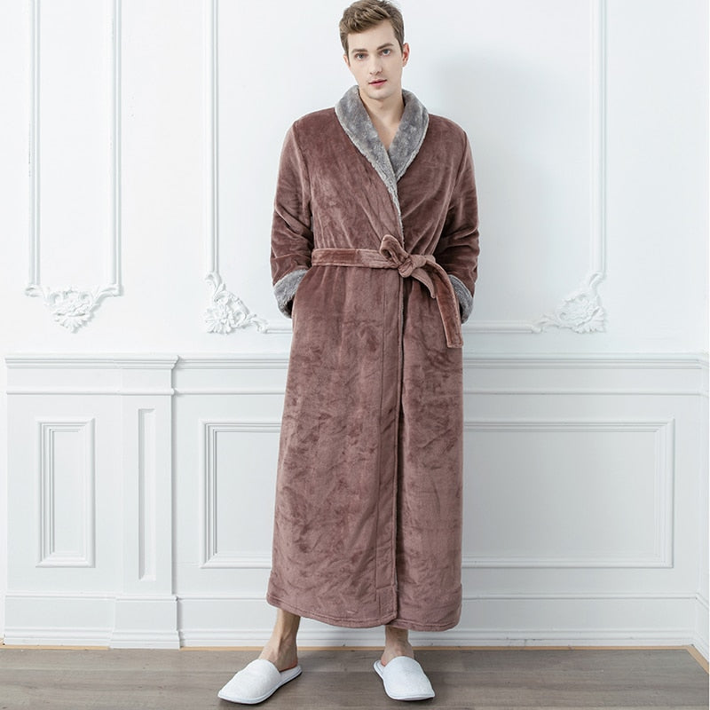 Albornoz de invierno de talla grande para hombre, albornoz largo de lana Coral, Kimono, albornoz cálido de franela, albornoz acogedor para hombre, ropa de dormir de noche, bata de mujer