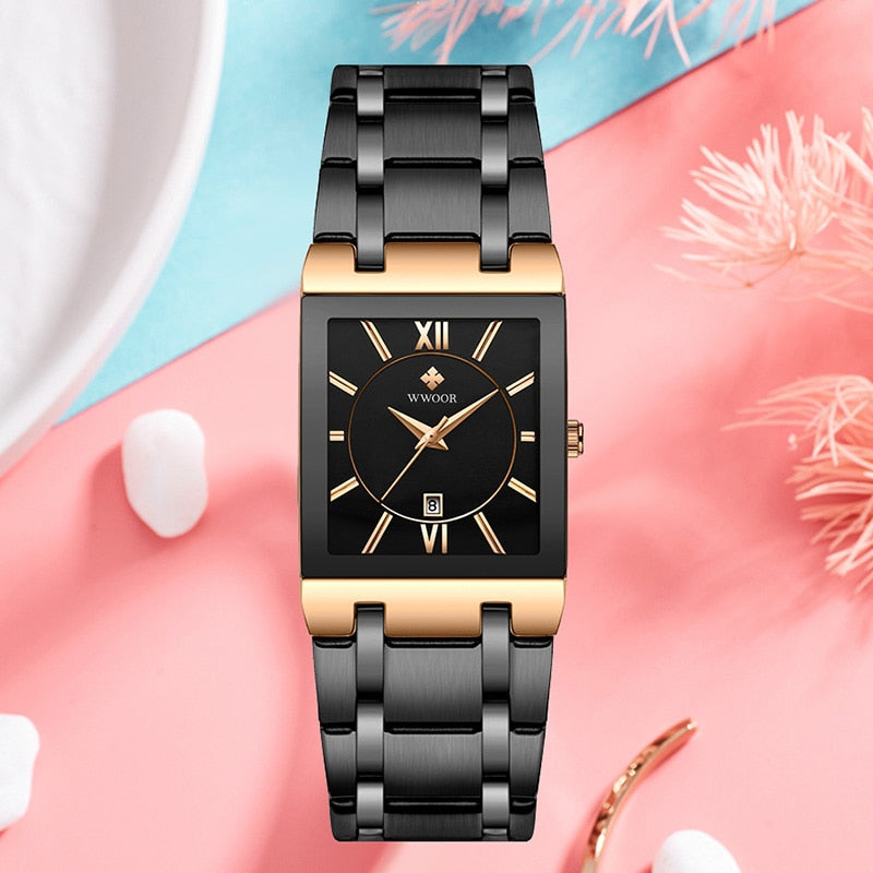 Relojes sencillos para mujer, reloj cuadrado de cuarzo a la moda para mujer, reloj de pulsera impermeable de negocios de lujo dorado para mujer de la mejor marca WWOOR