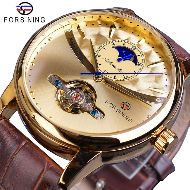 Reloj automático de fase lunar Forsining, reloj de pulsera mecánico resistente al agua dorado para hombres reales, reloj Tourbillon informal de cuero genuino