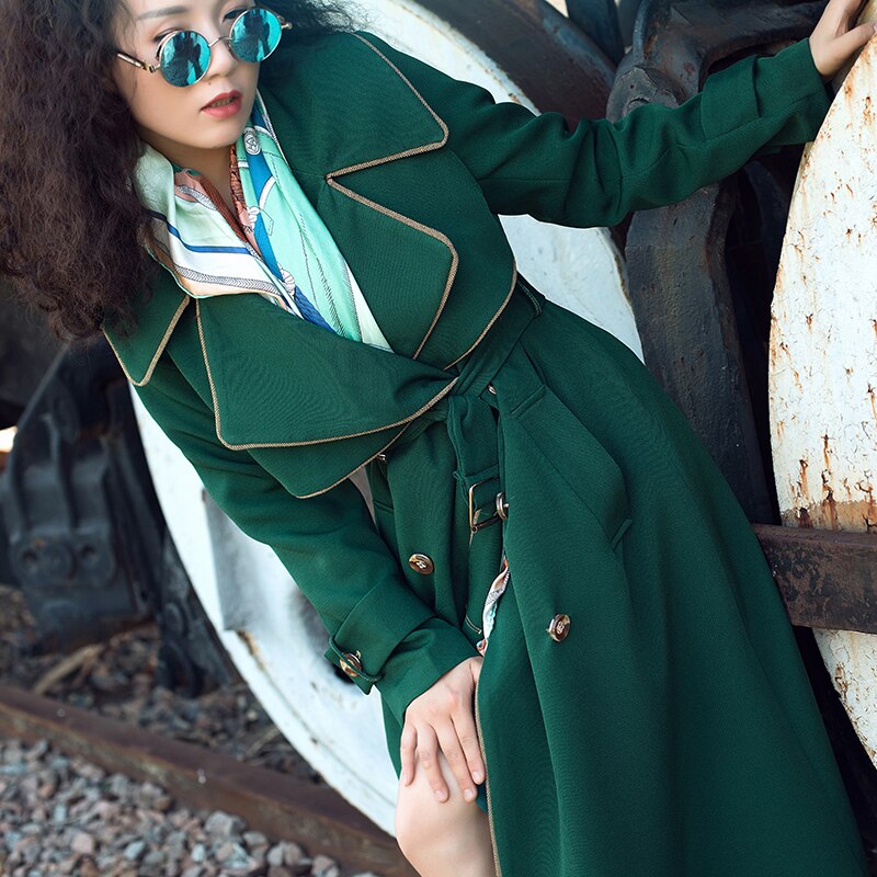JAZZEVAR 2021 nueva gabardina larga de calle de alta moda para mujer abrigos verdes elegantes para mujer prendas de vestir exteriores con cuello vuelto socialite